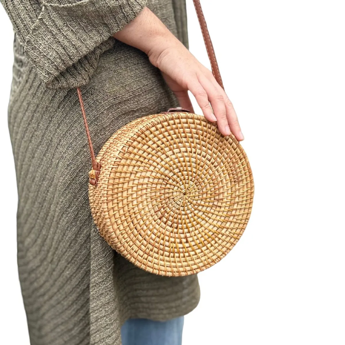 GENERICO - Cartera Redonda de Paja Tejida de Ratán Natural