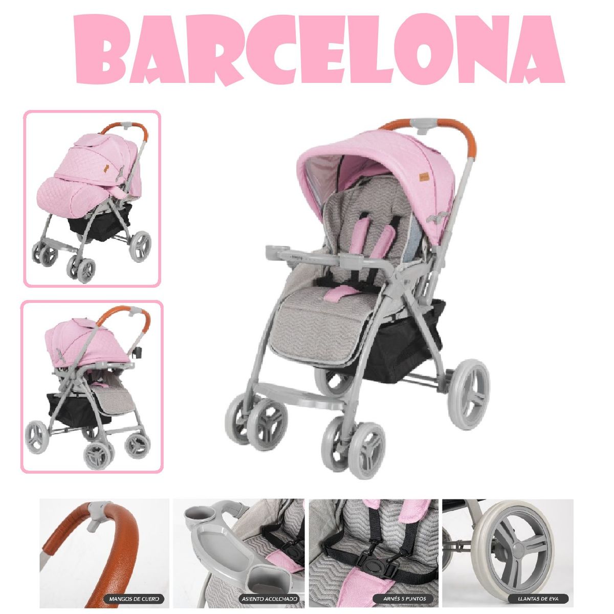 BABY HAPPY - Coche Cuna Barcelona Mango Reversible-Rosa