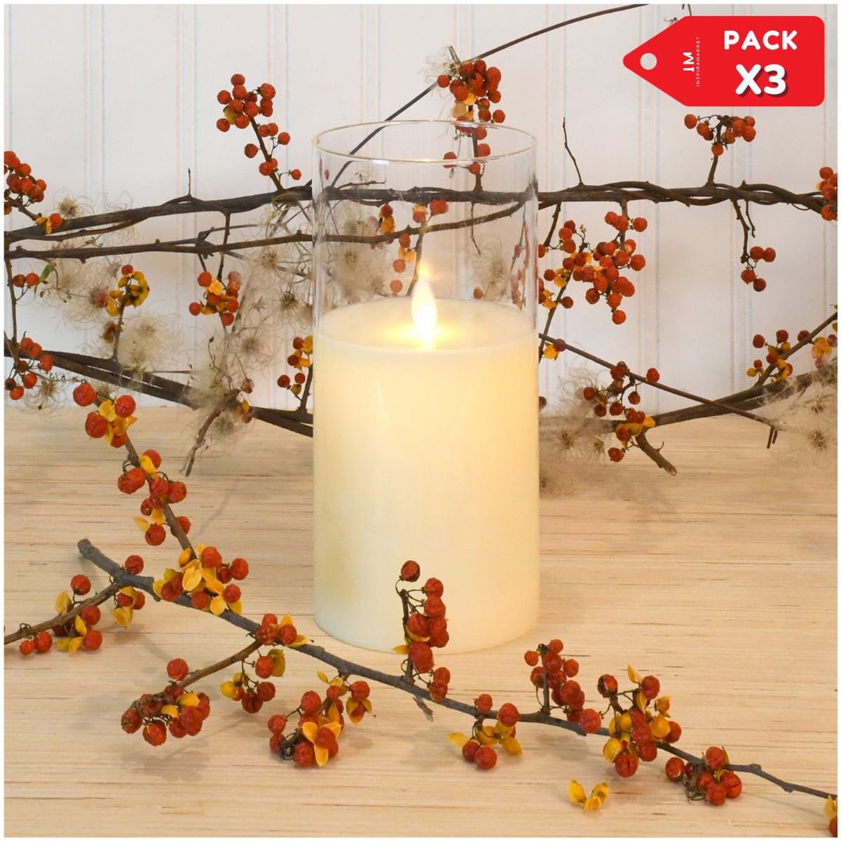 INSPIRA MARKET - Set x 3 Velas decorativas Vela LED vaso Pack x3