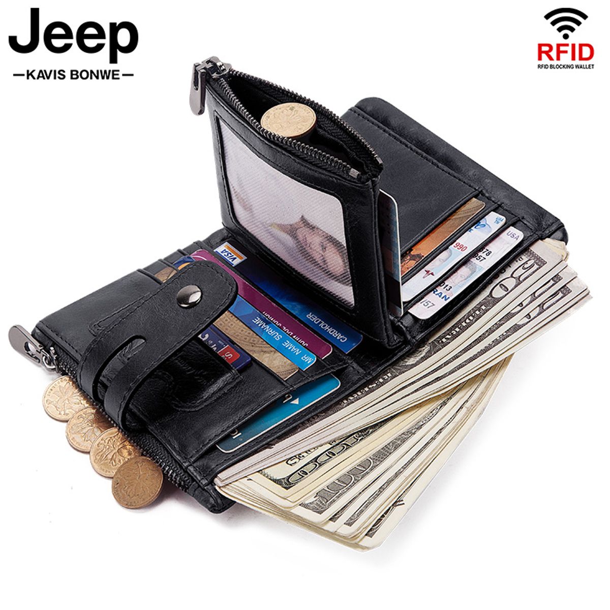 GENERICO - Billetera J-KAVIS de Cuero Vacuno BP829 RFID HOMBRE