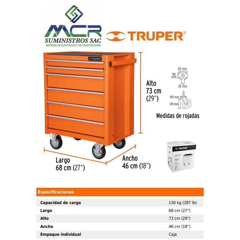 TRUPER - Gabinete metálico móvil 6 cajones capacidad de 130kg Truper