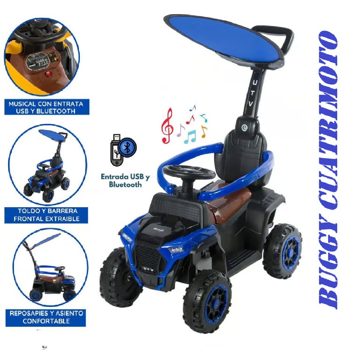 EBABY - Bugui Cuatrimoto Tractor Musical con Luces y Sombrilla -Azul