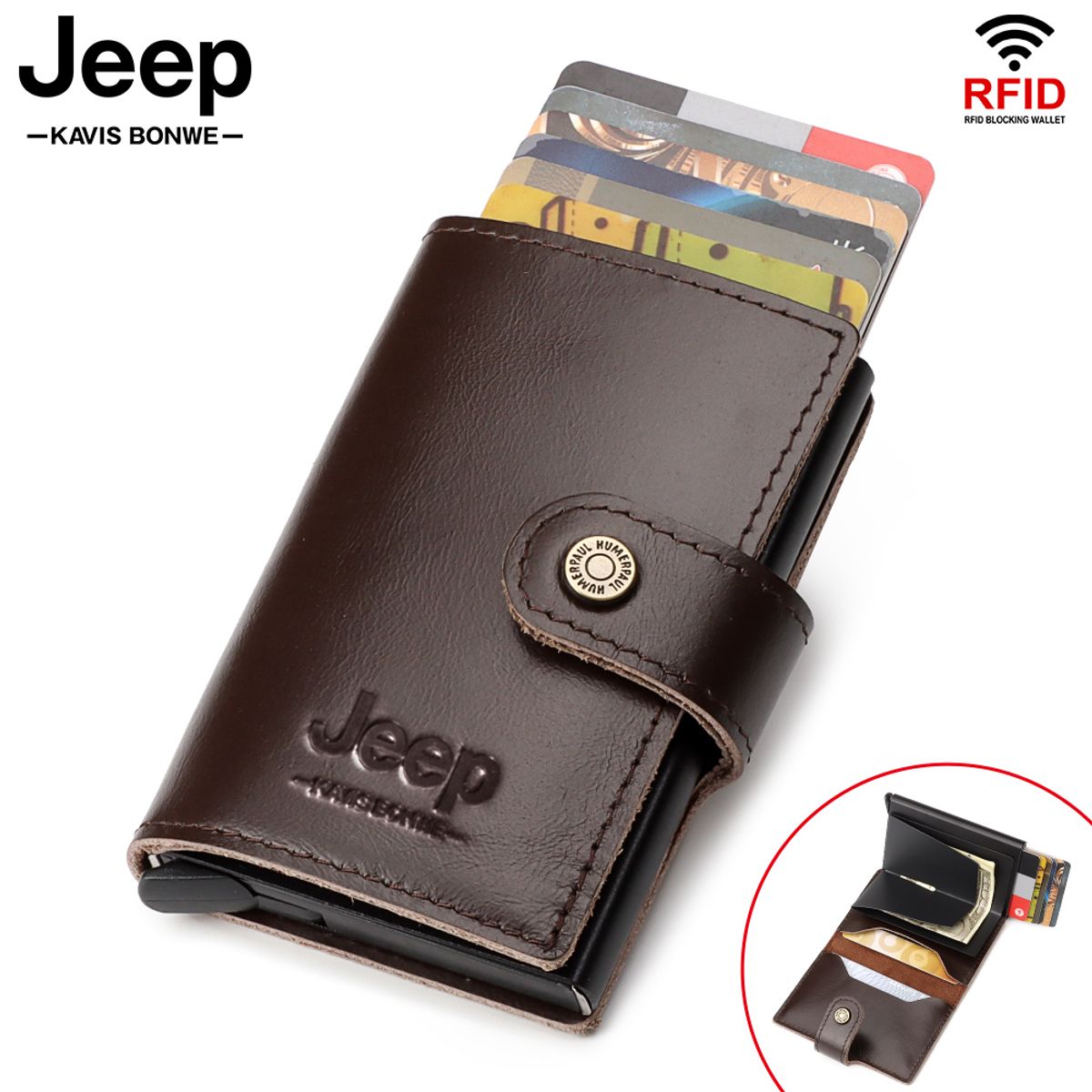 GENERICO - Tarjetero J-Kavis de Cuero Vacuno BP984 con botón eyector