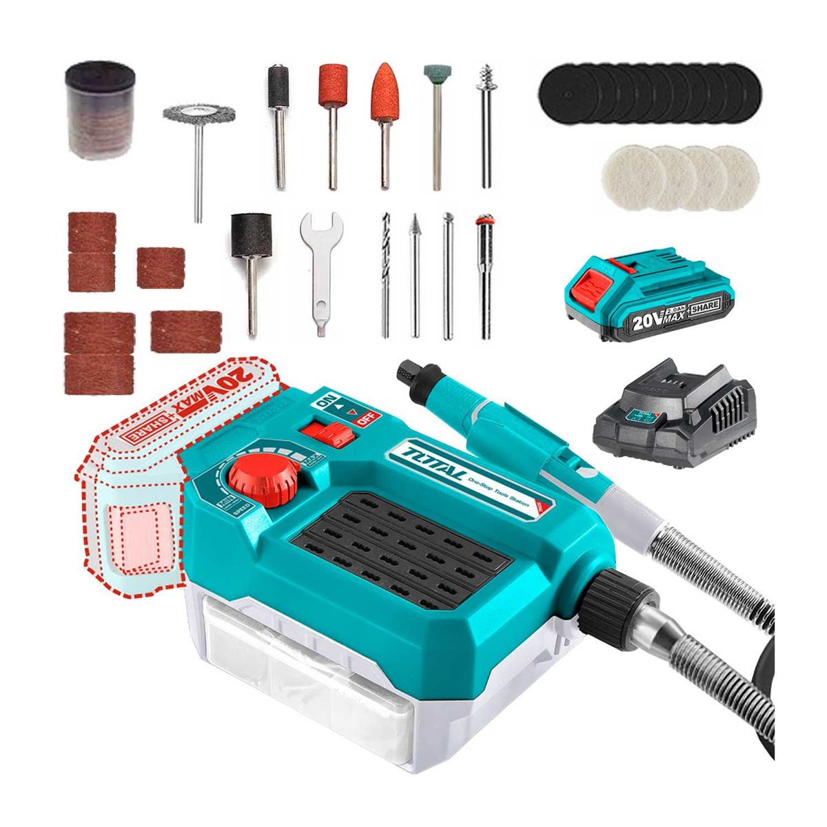 TOTAL TOOLS - MINI GRINDER TOTAL 20V ACCESORIOS MULTIUSO INALÁMBRICO 40PZS