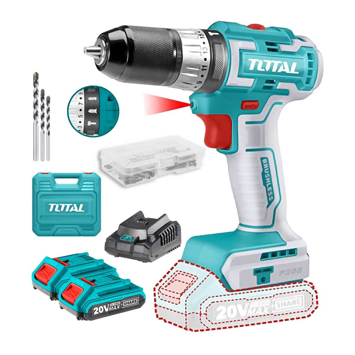 TOTAL TOOLS - TALADRO ATORNILLADOR PERCUTOR 20V BRUSHLESS INALÁMBRICO TOTAL