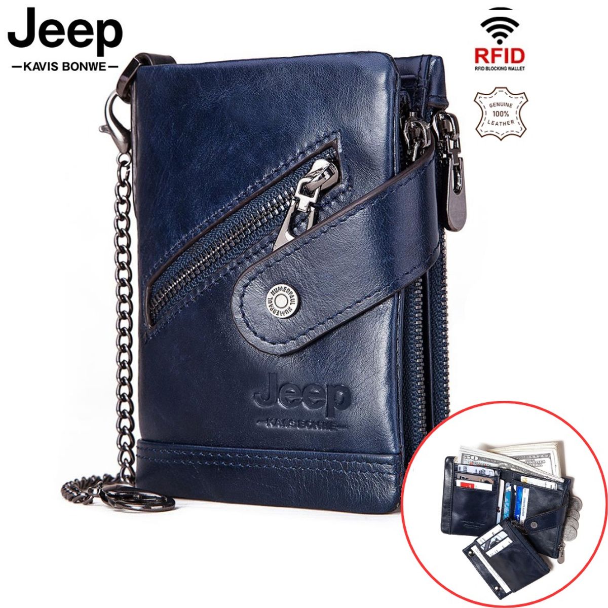 GENERICO - Billetera J-Kavis de Cuero Vacuno BP930 RFID y Cadena