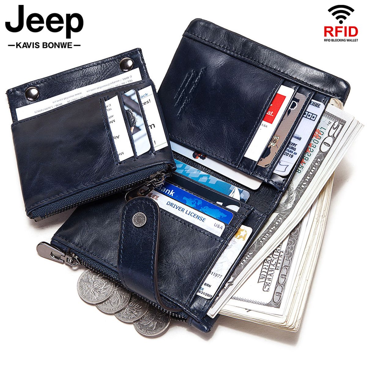 GENERICO - Billetera J-Kavis de Cuero Vacuno BP930 RFID y Cadena