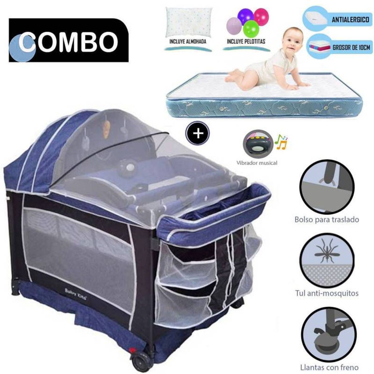 BABY KITS - Cuna Corral Baby Kits Verona Azul +Colchón 4 "