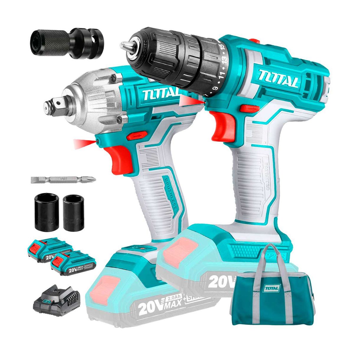 TOTAL TOOLS - TALADRO ATORNILLADOR LLAVE IMPACTO ½ 20V TOTAL ADAPTADOR