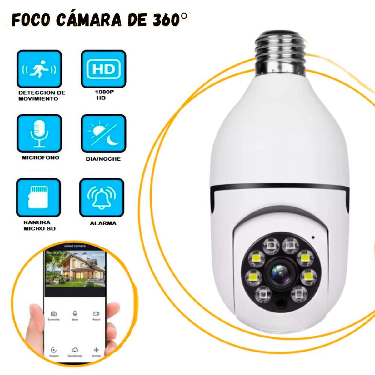 GENERICO - Foco Camara de Seguridad de 360° con Wifi Full HD Con Vision Nocturna y Altavoz