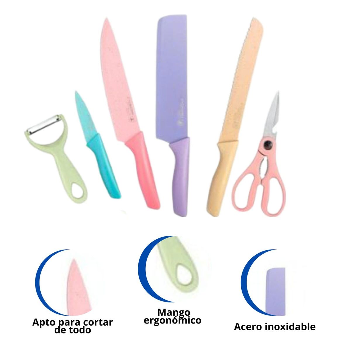 GENERICO - Set de Cuchillos de Cocina 6 Piezas Colores Acero Inoxidable