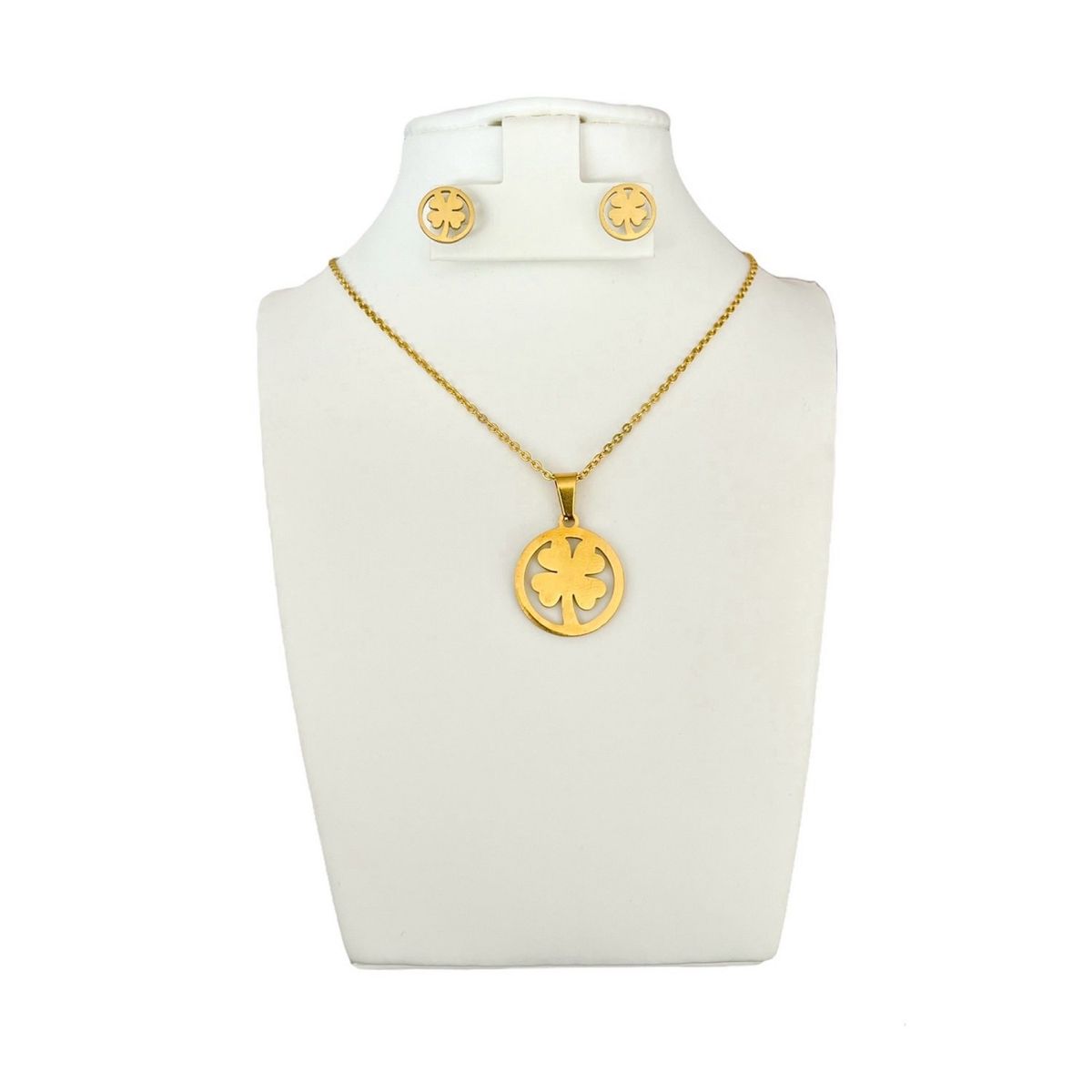 GENERICO - Set collar y aretes de Acero Trébol en Círculo Cadena 43 cm largo