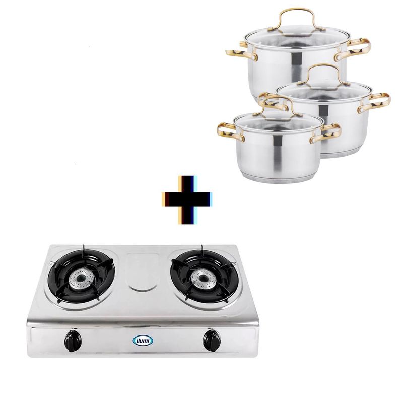 ILUMI - Cocina de mesa de 2 Hornillas Ilumi mas Juego de Ollas Royal