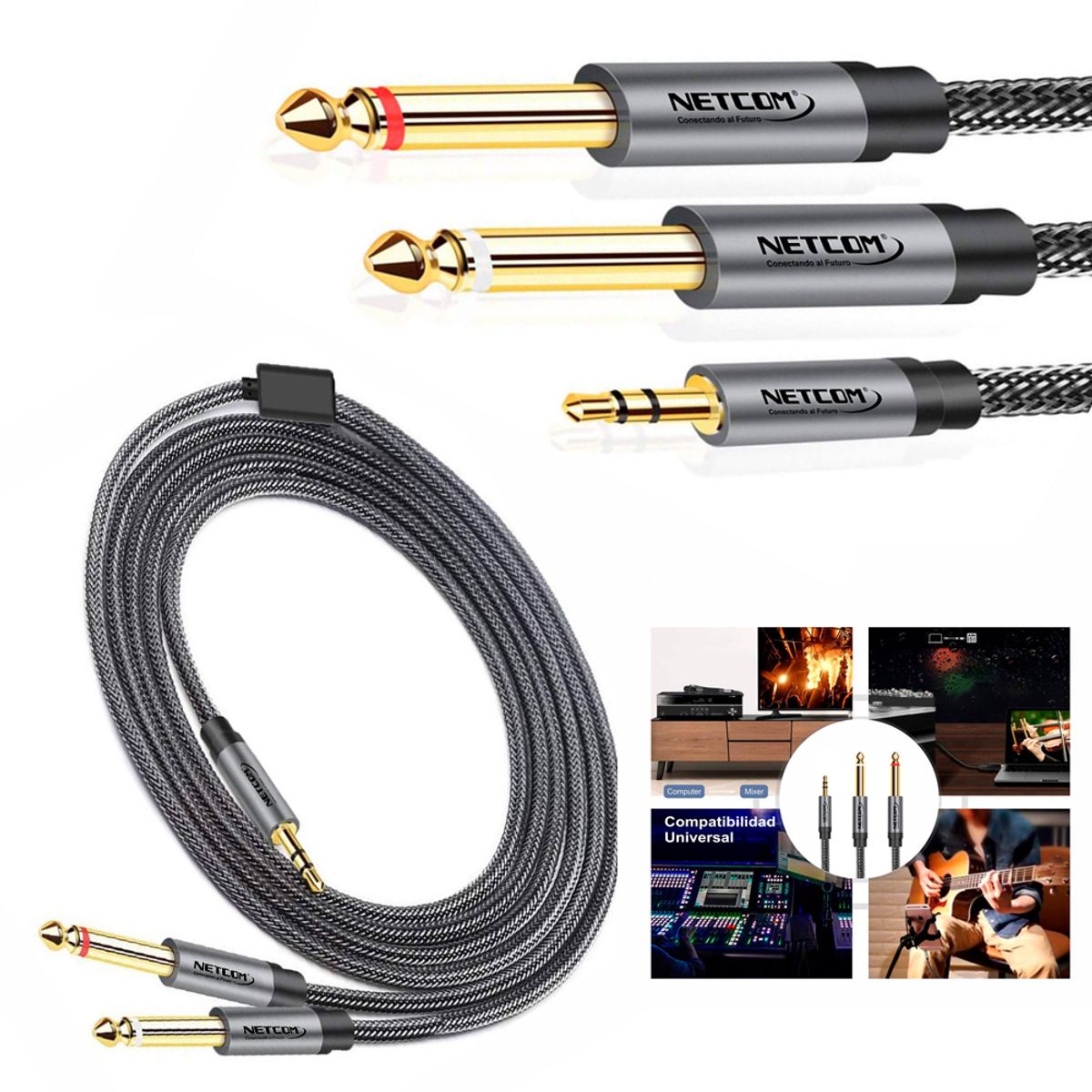 GENERICO - Cable de Audio 1 plug 3.5mm Macho a 2 plug 6.35mm Macho 1.80 Mts