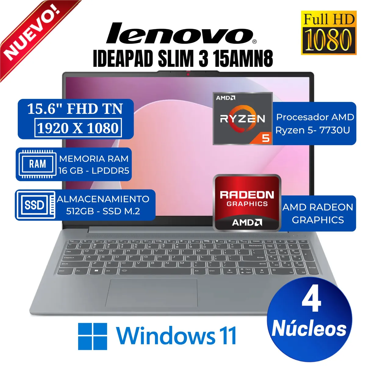 LENOVO - Laptop Lenovo IdeaPad Slim 3 15AMN8 15.6" FHD TN, AMD Ryzen 5-7520U ,Ram 16GB, SSD 512GB, Win 11