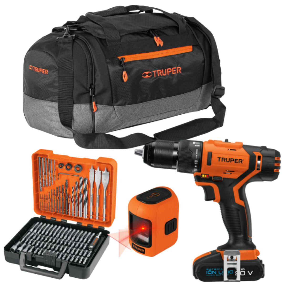 TRUPER - COMBO TALADRO PERCUTOR inalámbrico20V, Nivel laser, 100 Brocas 1maleta