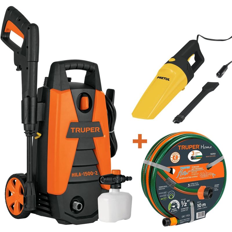 TRUPER - Combo hidrolavadora 1500PSI TRUPER,  Aspiradora 12V, manguera de 10m