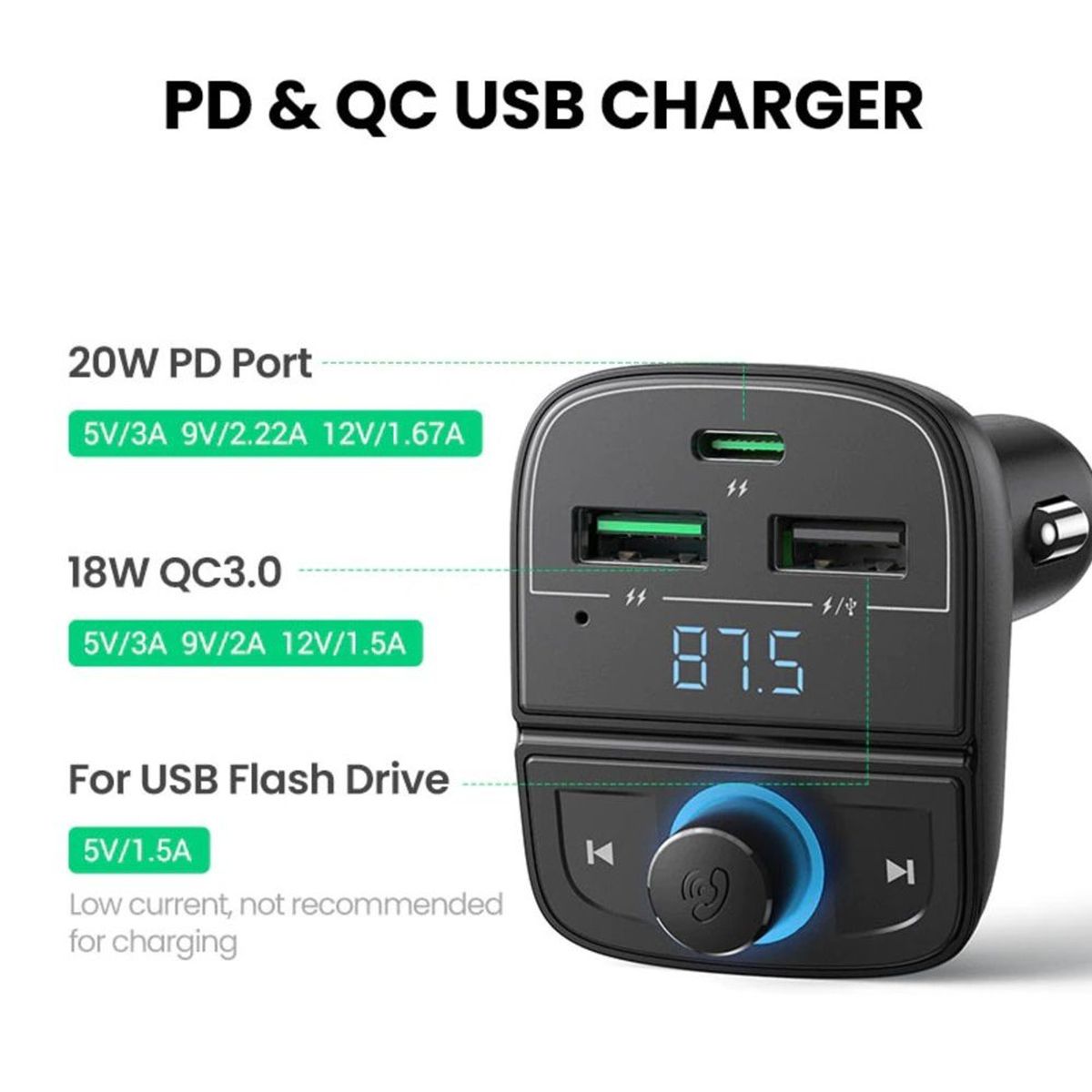 UGREEN - Adaptador FM Bluetooth Ugreen para carro PD/QC 3.0 iPhone CD229 80910