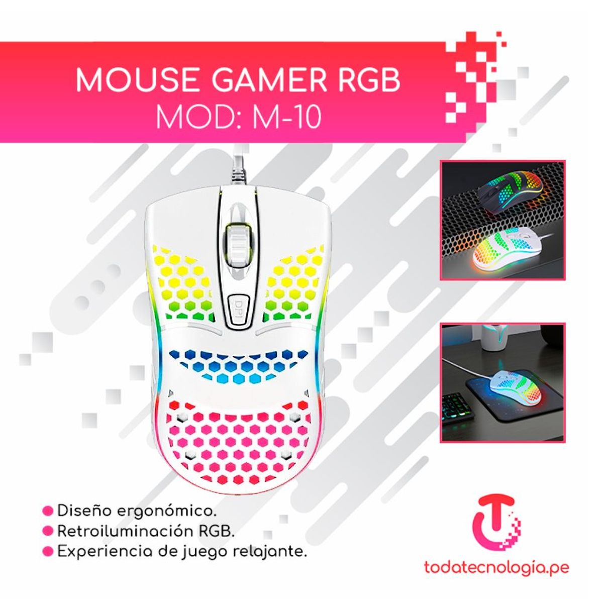 IMPORTADO MC - Mouse Gamer USB Alambrico RGB Para PC Laptop M10 1600 DPI Blanco