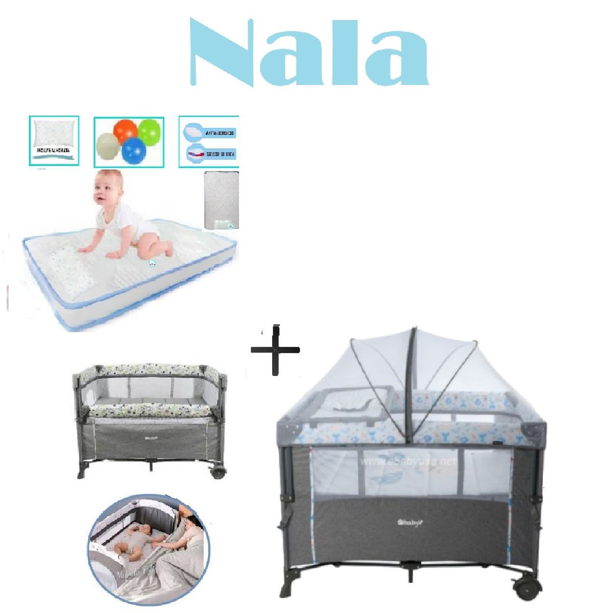 EBABY - Cuna Corral Nala -Colchon C-Celeste