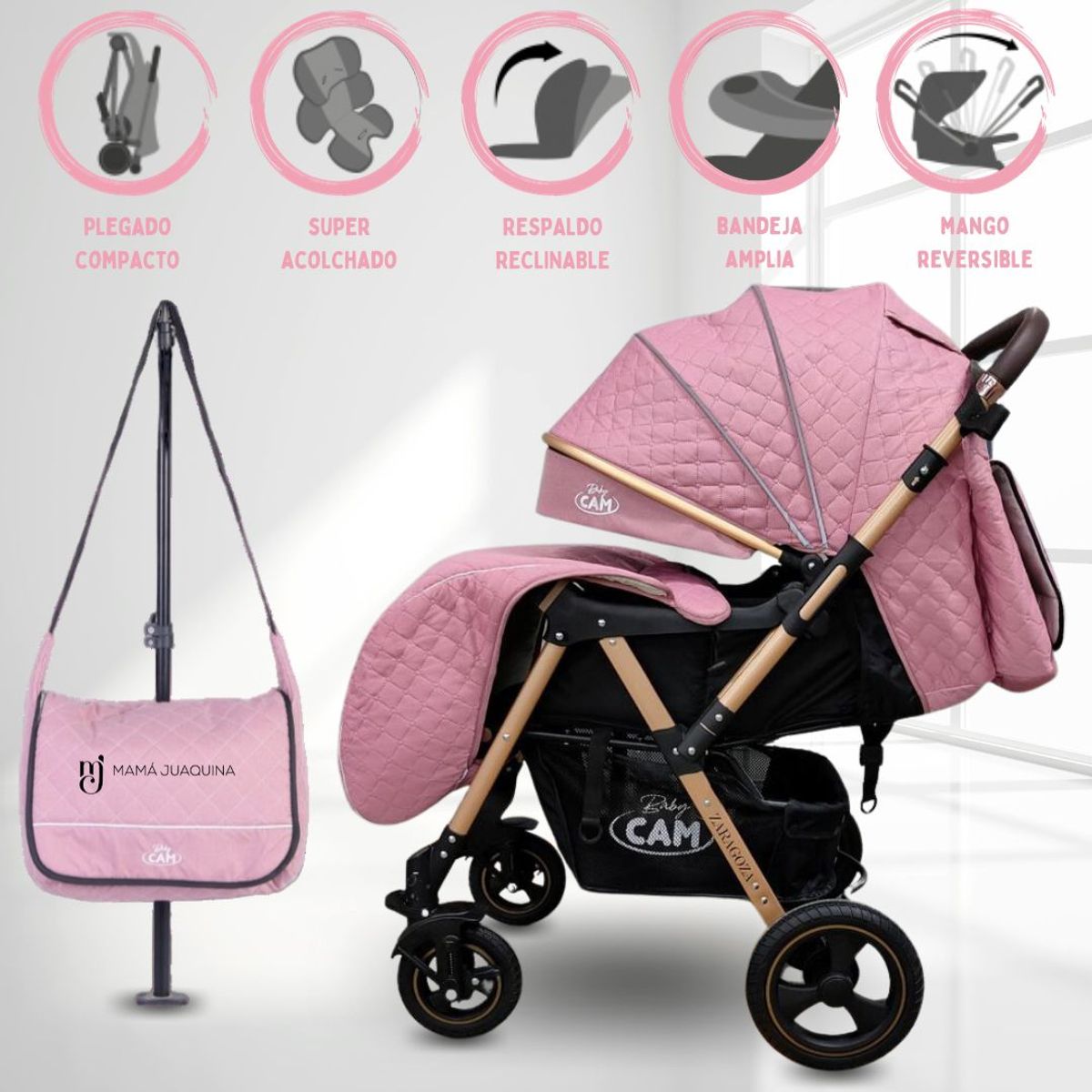 Baby - Coche Cuna de Lujo «ZARAGOZA NEW» con Bolso Pañalero Pink
