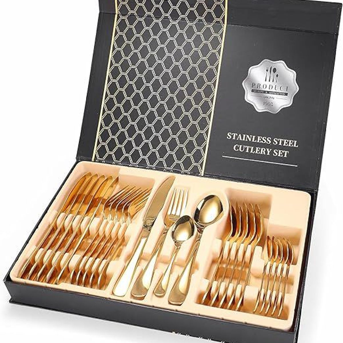 GENERICO - Juego de cubiertos dorado de 24 piezas con caja de regalo