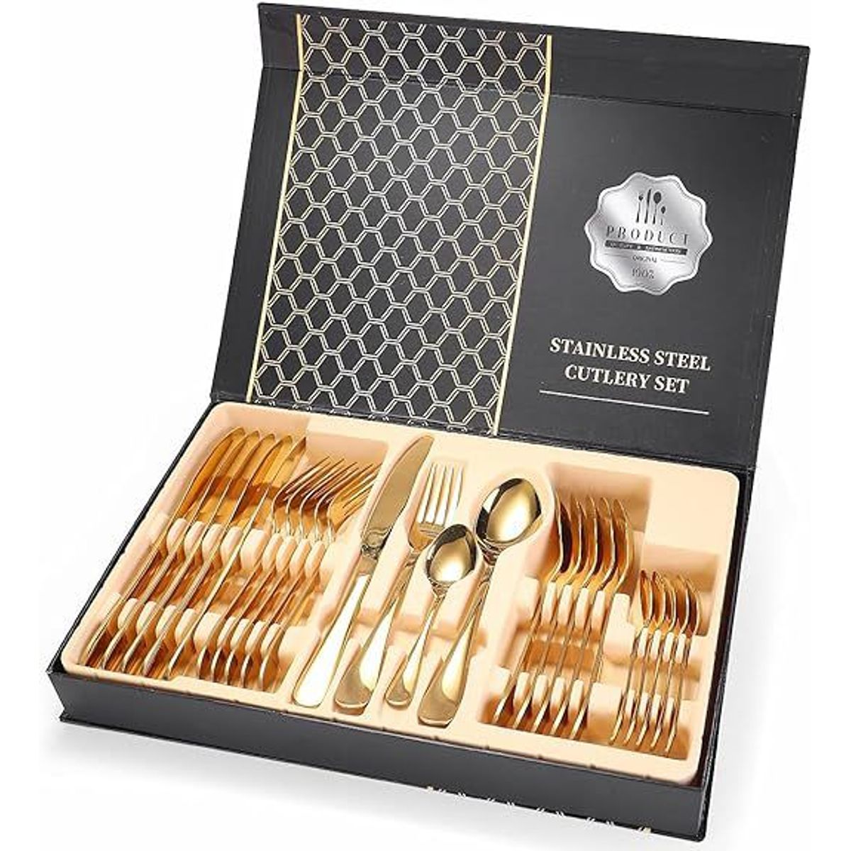 GENERICO - Juego de cubiertos dorado de 24 piezas con caja de regalo