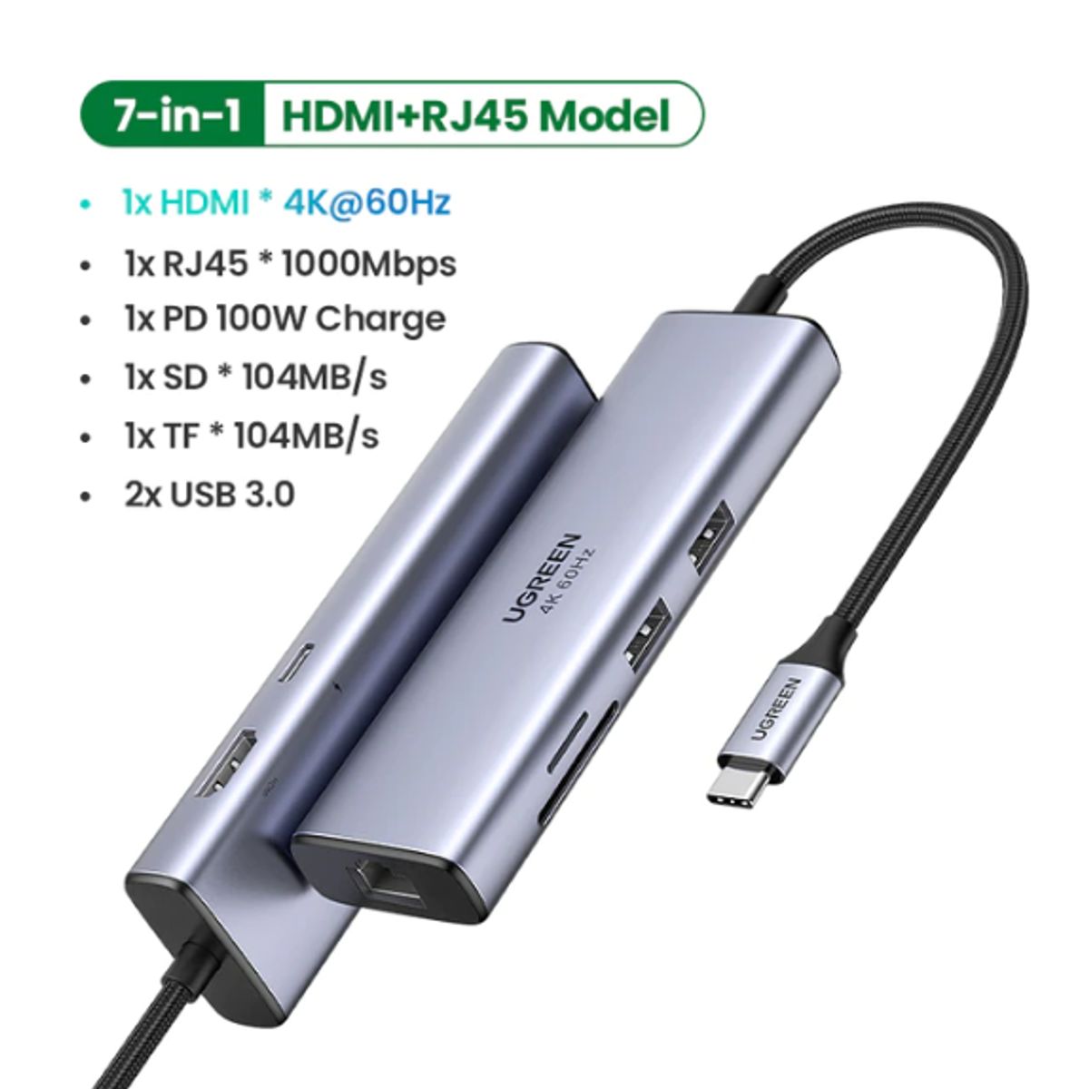 UGREEN - Adaptador Hub Usb-C 7 En 1 - Usb, Sd, Microsd, Tf, Hdmi, RJ45 - UGREEN