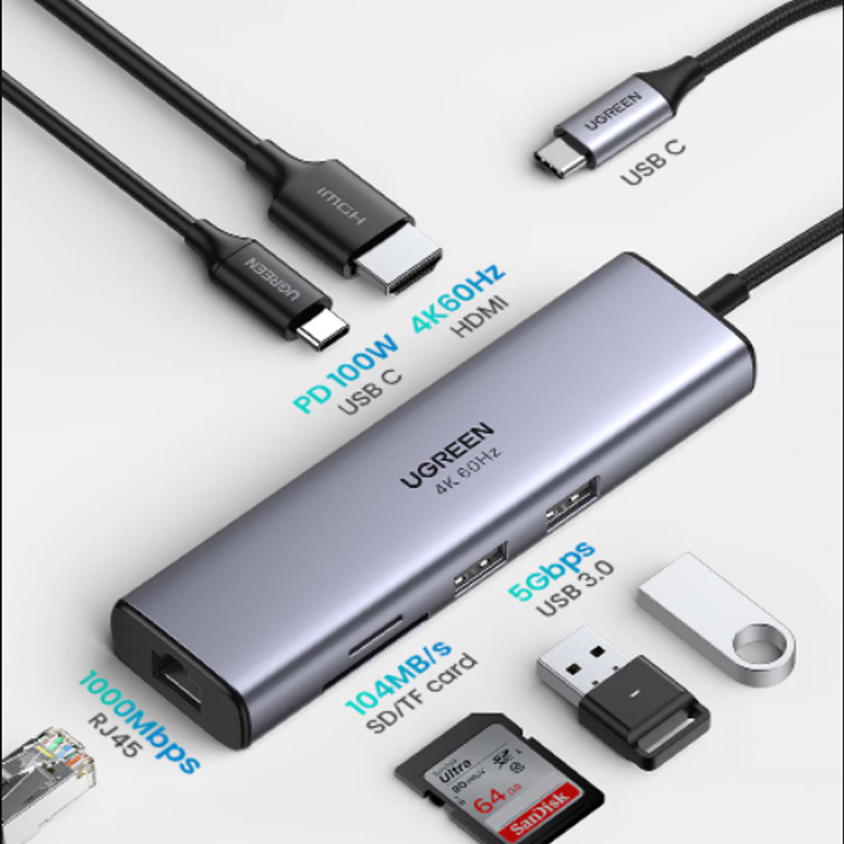 UGREEN - Adaptador Hub Usb-C 7 En 1 - Usb, Sd, Microsd, Tf, Hdmi, RJ45 - UGREEN