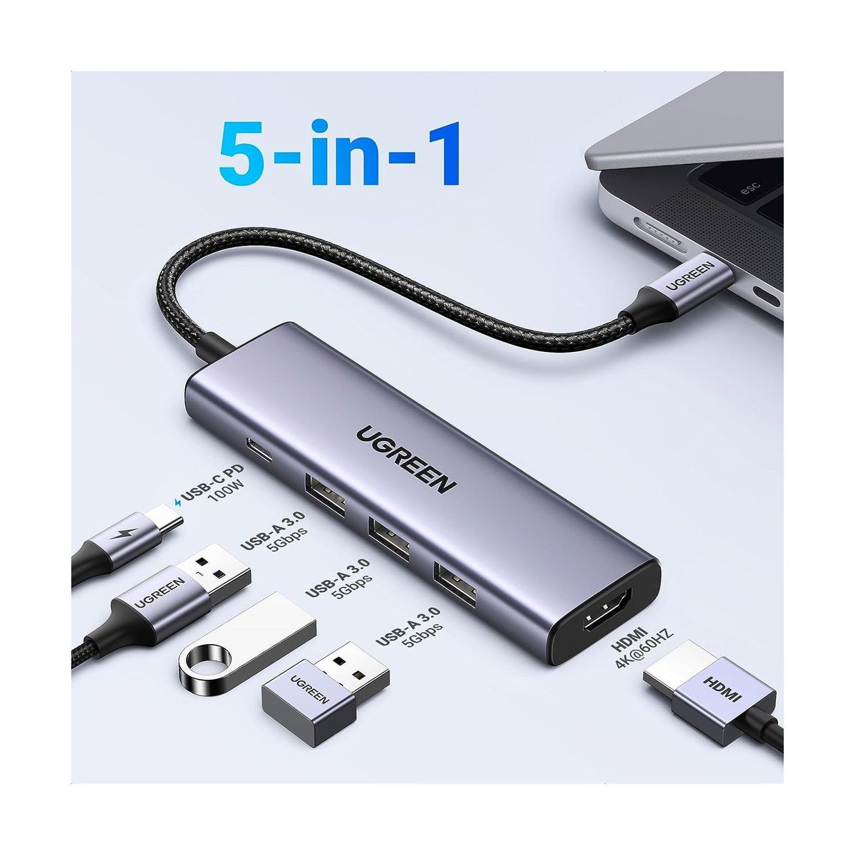 UGREEN - Adaptador Hub Usb-C 5 En 1 - PD, 3 x USB 3.0, HDMI 4K60Hz - UGREEN