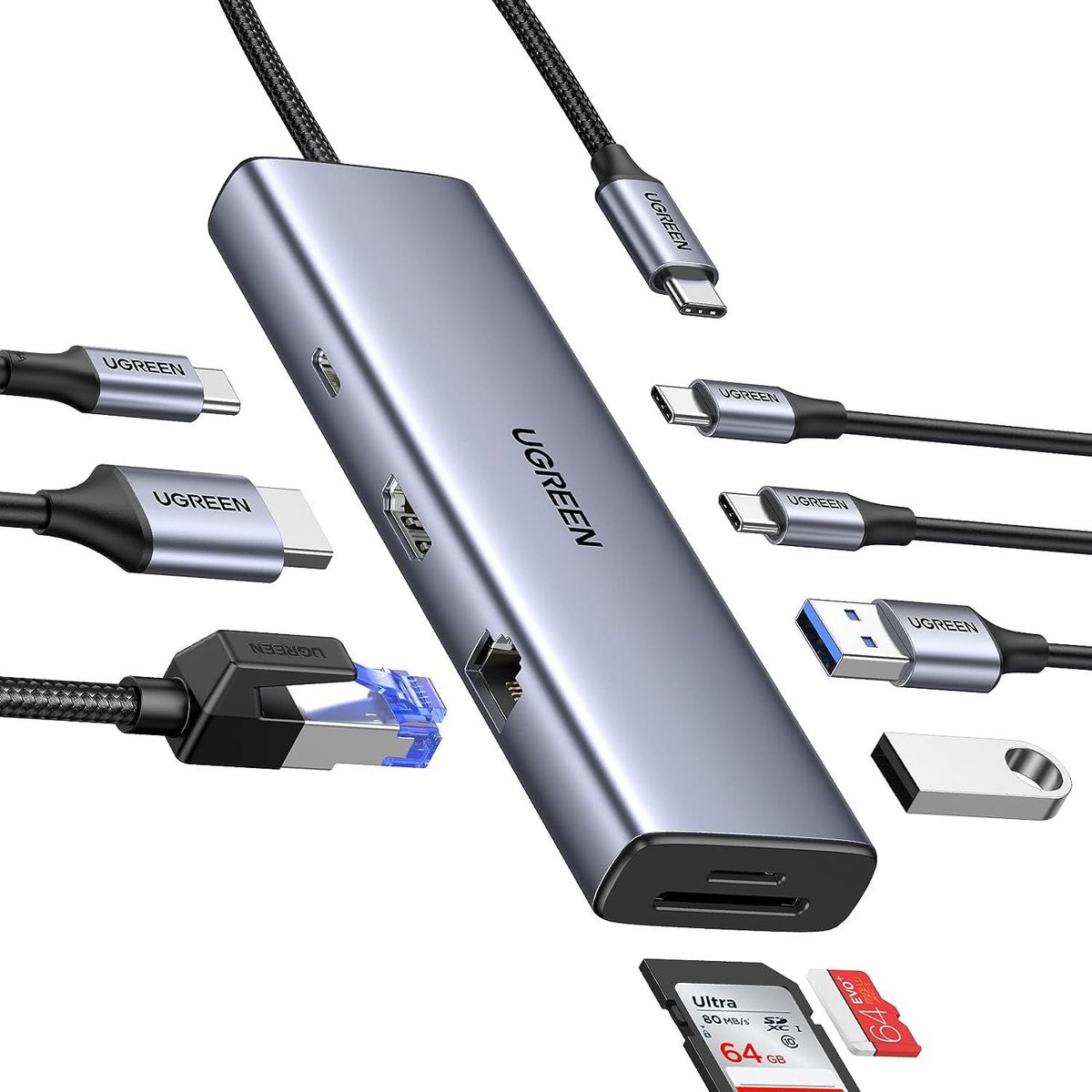 UGREEN - Adaptador Hub USB C 9 en 1 - PD USB, USB C HDMI SD microSD - UGREEN