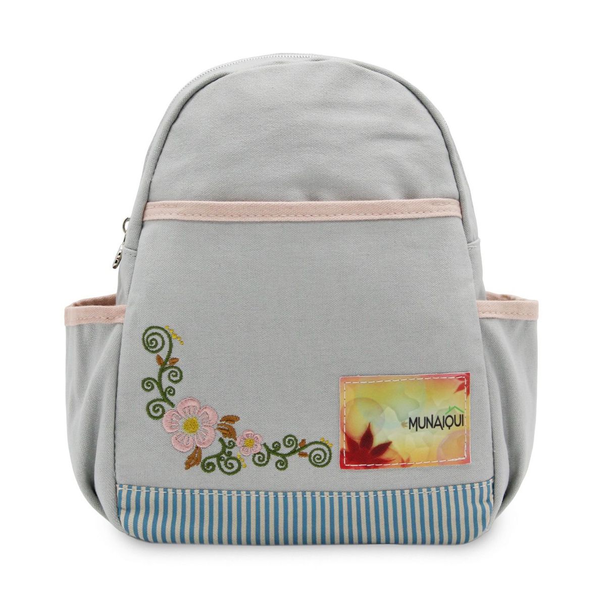 MUNAIQUI - Mochila Pequeña con Flores Color Gris de lona algodonada
