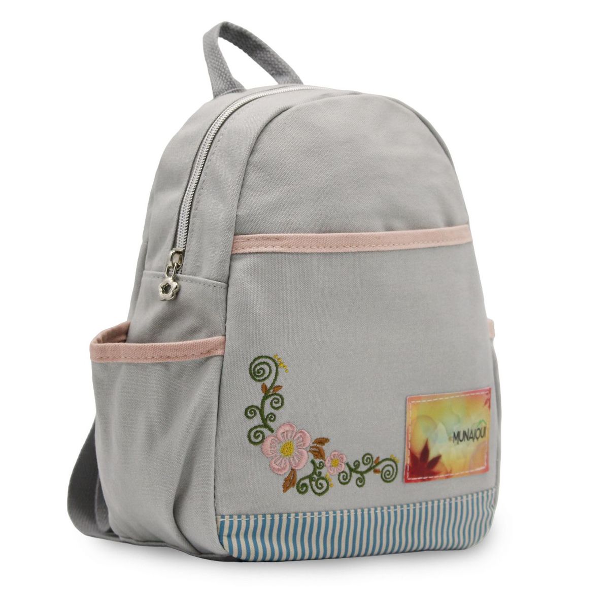 MUNAIQUI - Mochila Pequeña con Flores Color Gris de lona algodonada