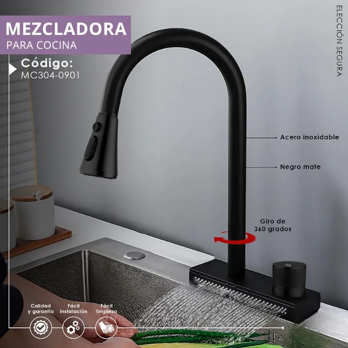 XM - MEZCLADORA EXTRAÍBLE CON SALIDA CASCADA NEGRO MC304-0901
