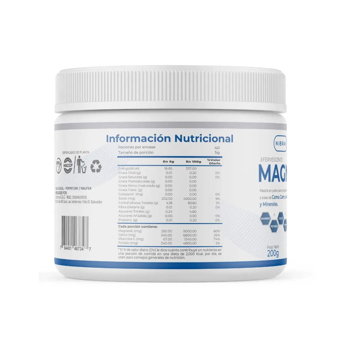 NIBRAY - Cloruro Magnesio Potasio Calcio y Vitamina C Magnesium Complex