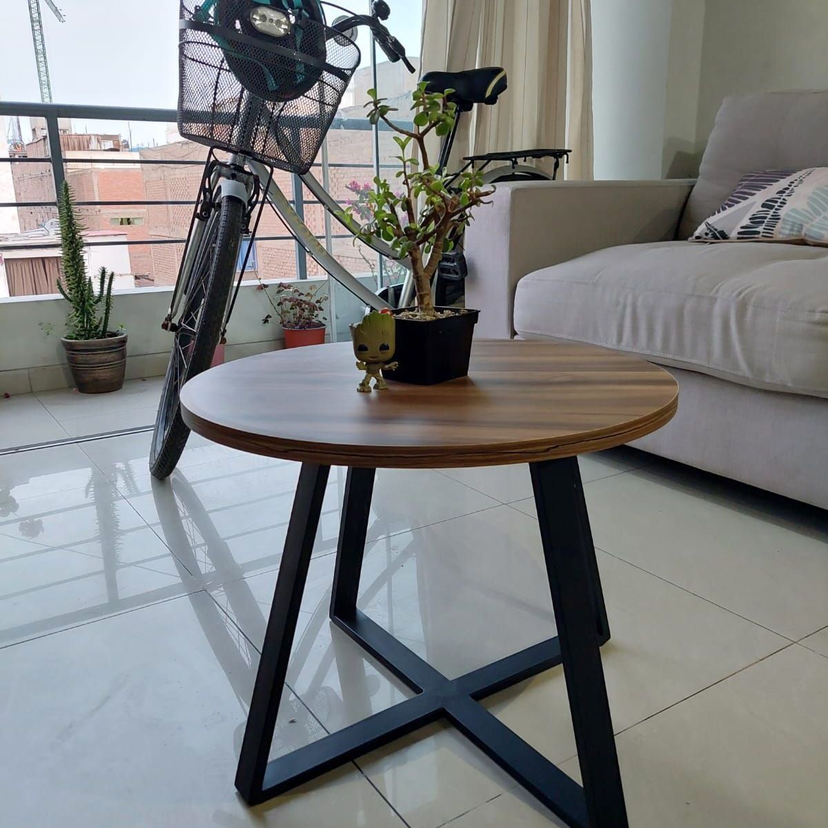 GENERICO - Mesa de centro industrial circular marrón