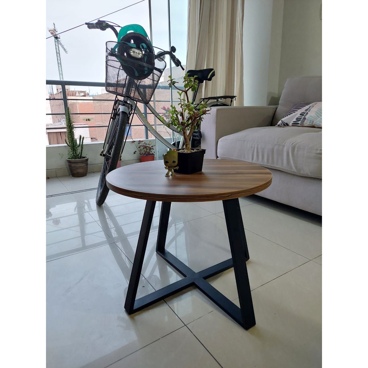 GENERICO - Mesa de centro industrial circular marrón