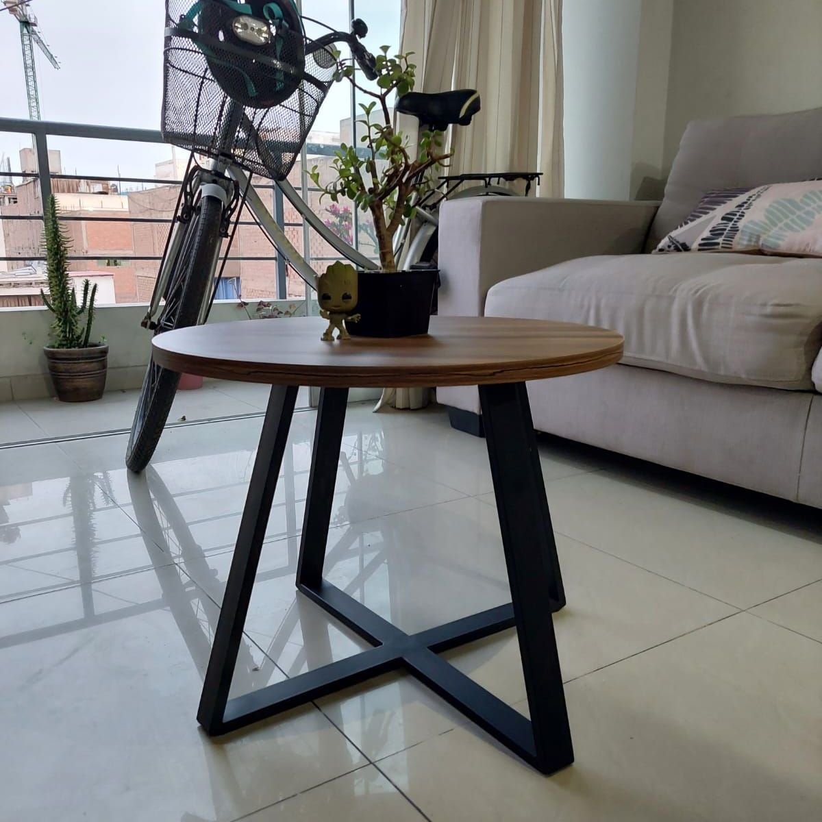 GENERICO - Mesa de centro industrial circular marrón