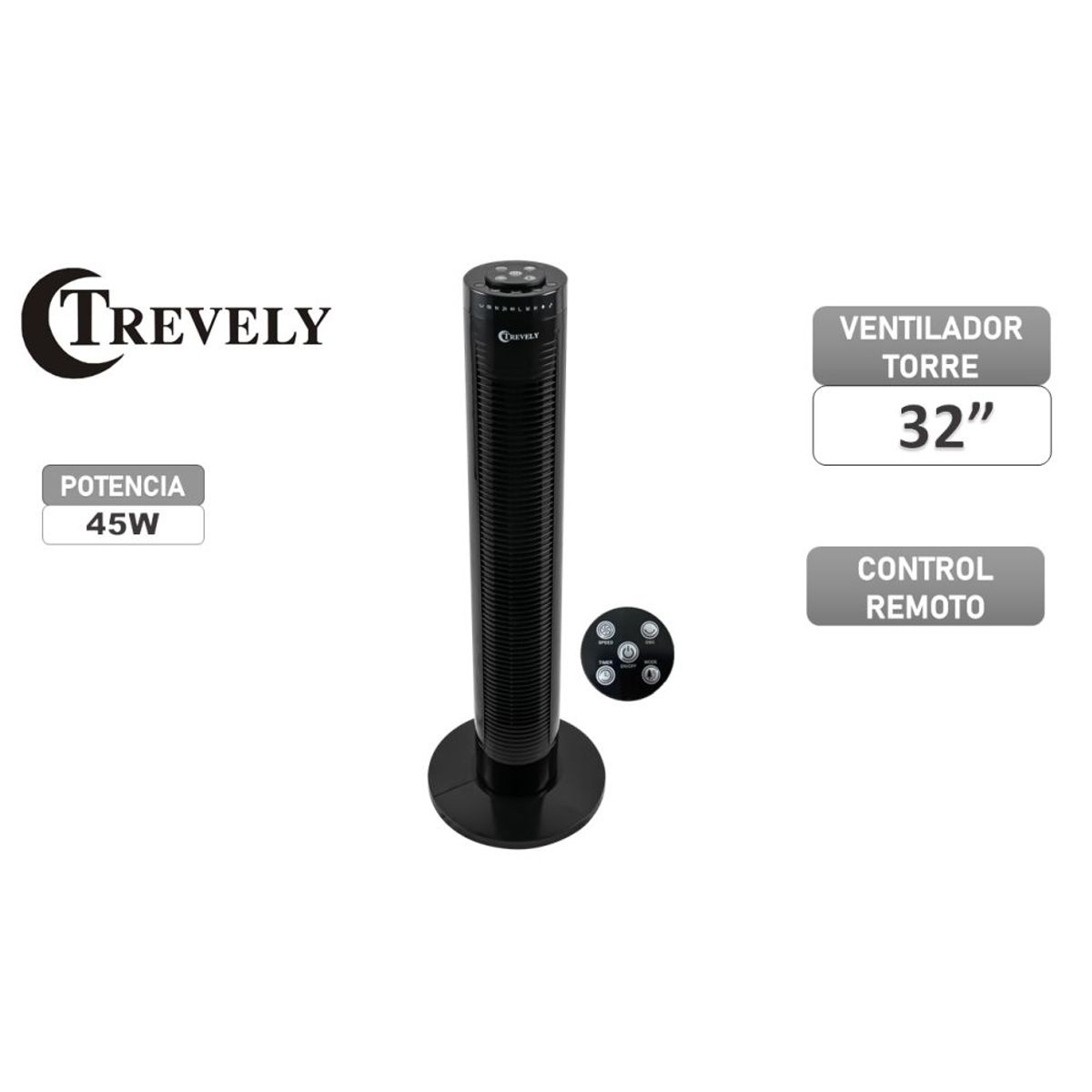 TREVELY - Ventilador torre TREVELY  VT-145   Negro - 45W