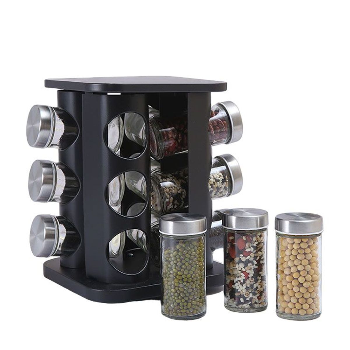 GENERICO - Condimentero Giratorio de Metal de 12 Envases de Vidrio - Negro