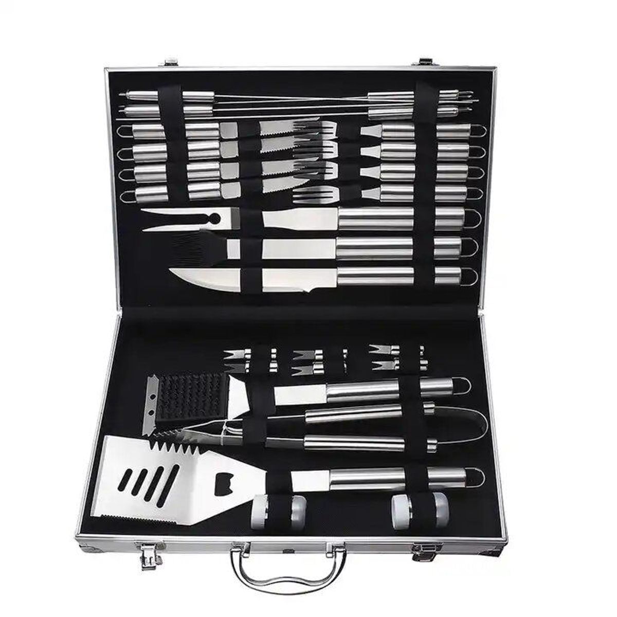 GENERICO - Set Parrillero BBQ Accesorios Parrilla de Acero Maletin 26 Piezas