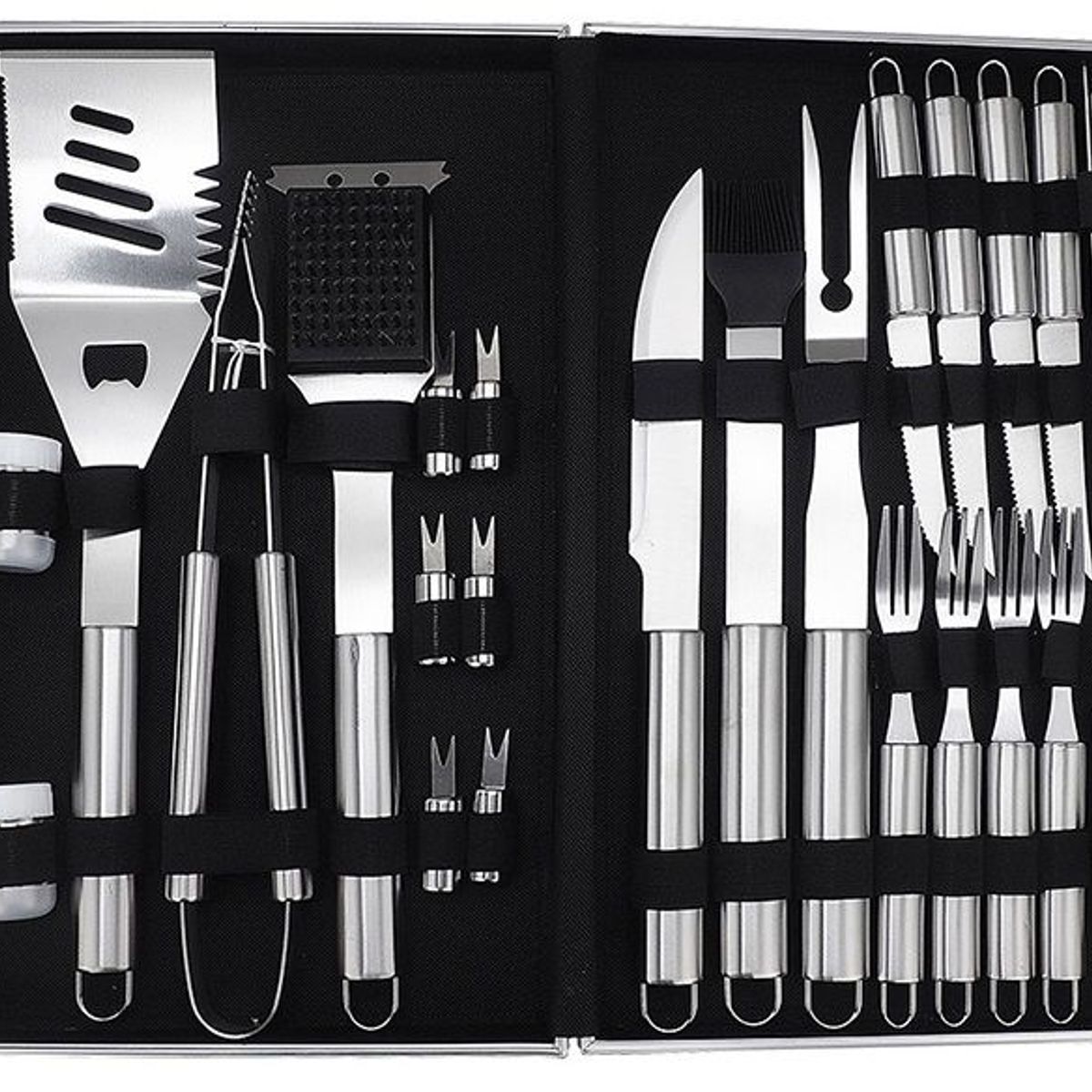 GENERICO - Set Parrillero BBQ Accesorios Parrilla de Acero Maletin 26 Piezas