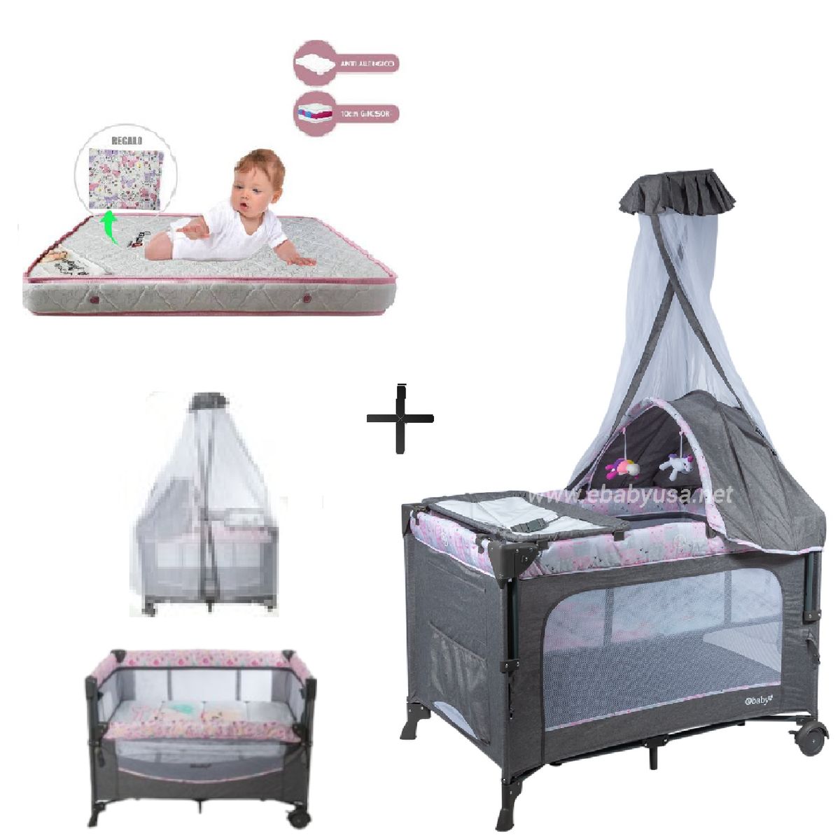 EBABY - Cuna Corral Dacora - Colchon R-Rosa
