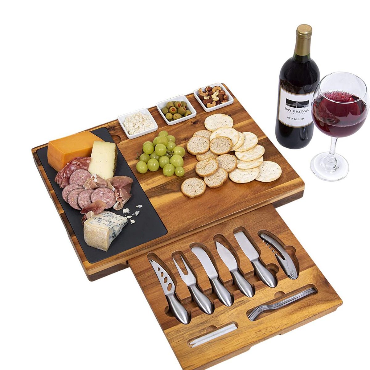 GENERICO - Tabla para Quesos de Madera y Piedra con Cuchillos de Acero