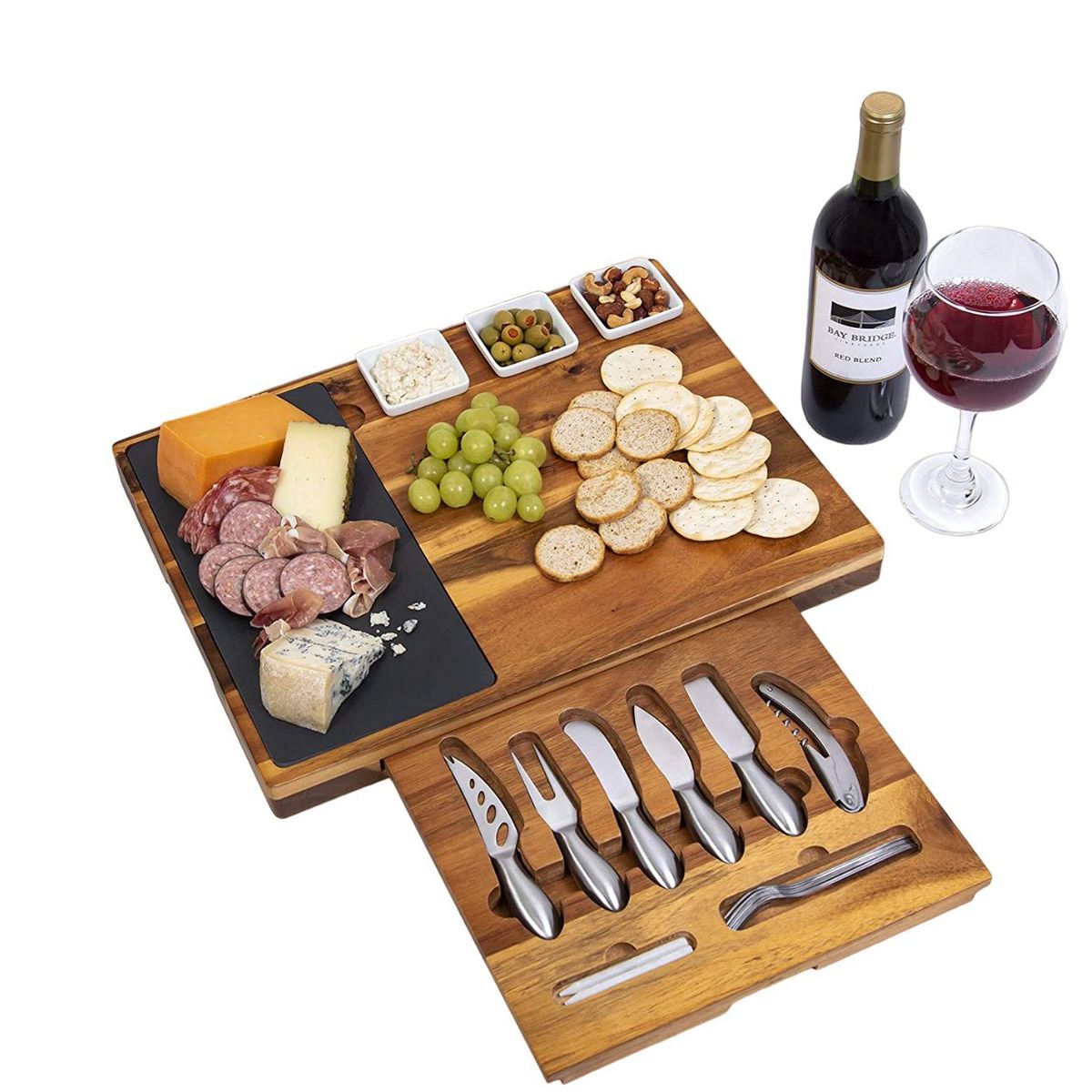 GENERICO - Tabla para Quesos de Madera y Piedra con Cuchillos de Acero