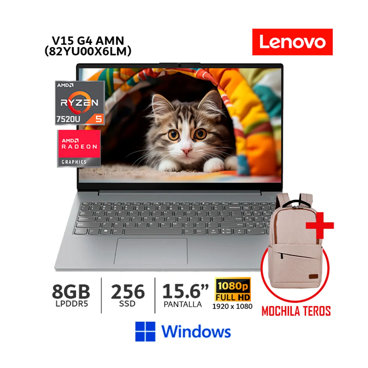 LENOVO - Laptop Lenovo V15 G4 AMN AMD Ryzen 5 7520U 8Gb Ram/ 256Gb SSD 15.6"FHD TN-82YU00X6LM + Mochila Teros