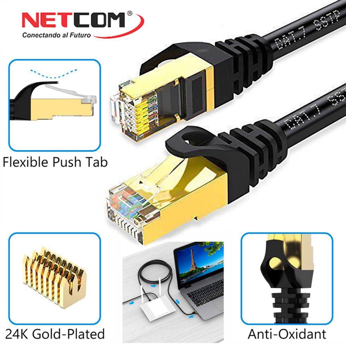 NETCOM - Cable de Red Cat 7 Netcom Rj45 10 Gbps 60 Metros Patch Cord 100% cobre