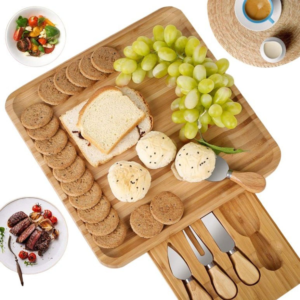 GENERICO - Tabla para Quesos de Bambú Con Cuchillos de Acero con Mango de Madera