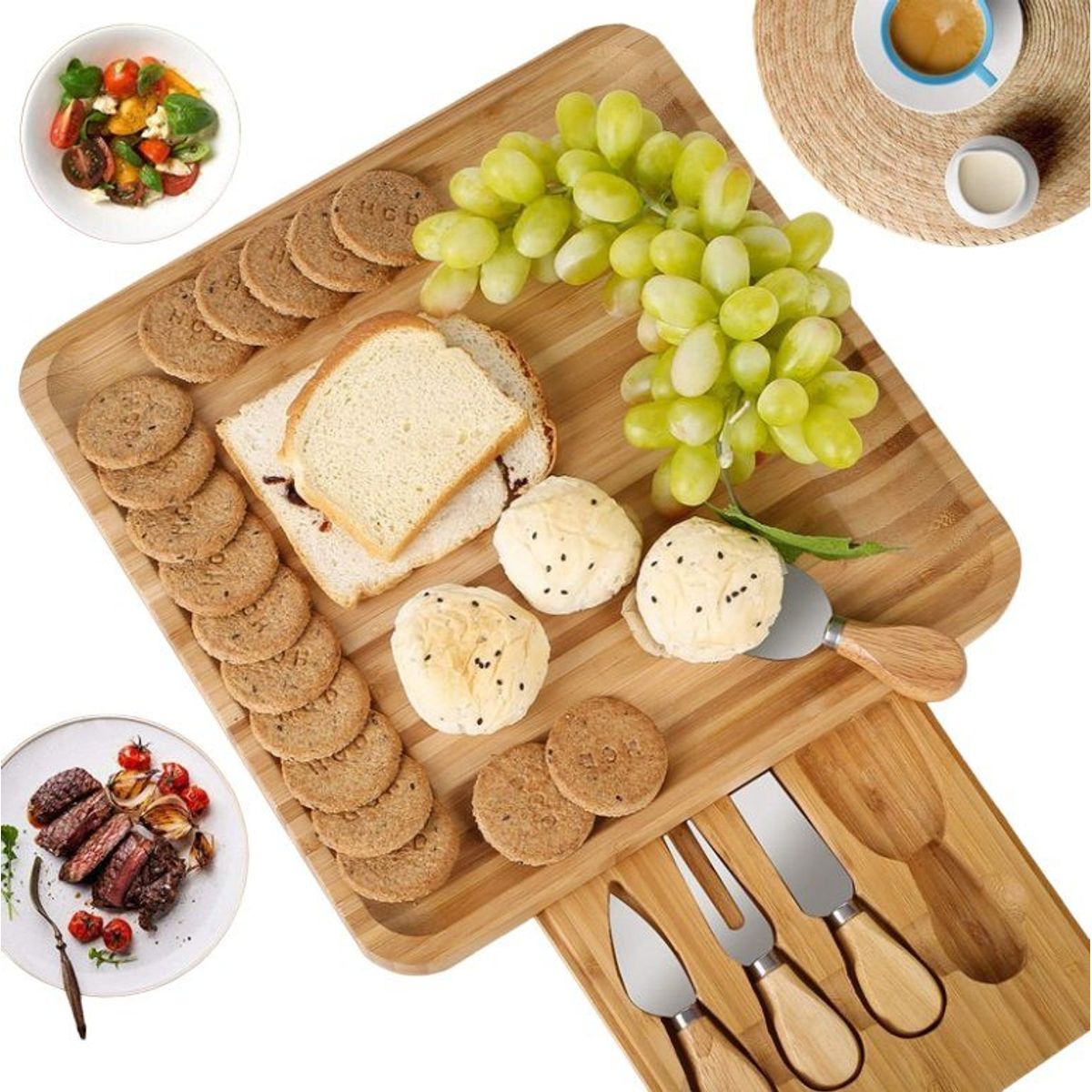 GENERICO - Tabla para Quesos de Bambú Con Cuchillos de Acero con Mango de Madera