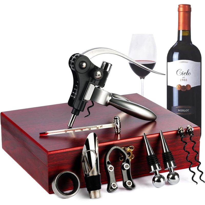 GENERICO - Kit para Abrir Botellas de Vinos de Acero con Caja de Madera
